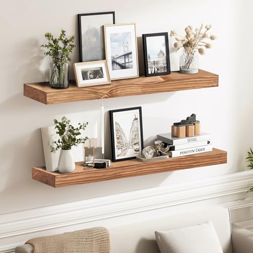 Solid Wood Floating Shelves, 24 Inch Wall Shelves, Set of 2, Oak - color: Oak, size: 24x8x1.6