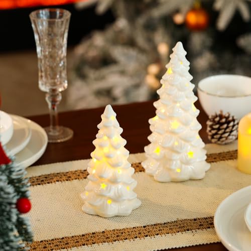 HOMCDALY 2 PCS White Small Christmas Tree with Lights, Mini Christmas Tree for Christmas Décor, Tabletop Xmas Tree Figurines, Christmas Decorations（Ceramic）