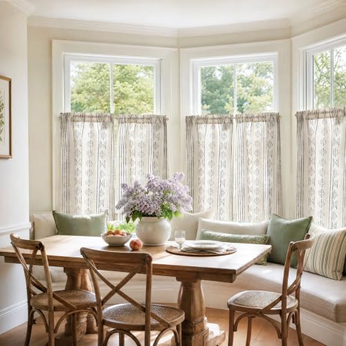 jinchan Linen Striped Tier Curtains for Kitchen Windows Black 26 x 24 inch - color: Boho Black | on Beige, size: 26"W x 24"L (Pack of 2)