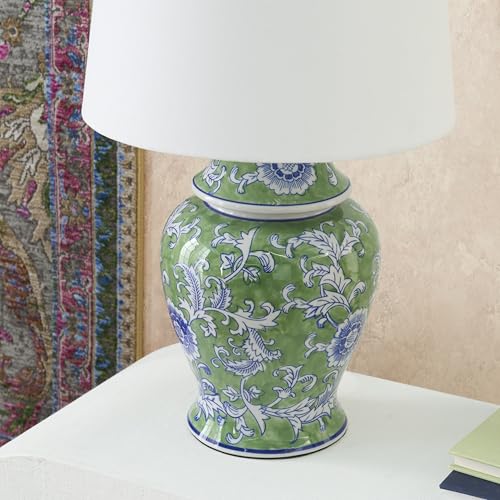 Nourison Home 24" Green & Blue Floral Ginger-Jar Ceramic Traditional Table Lamp for Living Room, Bedroom, Dining Room, Reading