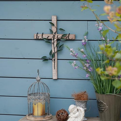NIKKY HOME Wall Cross, Rustic Wooden Cross With Metal Leaves - color: Blessed