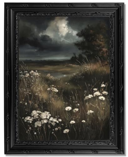 Dark Moody Landscape Framed Wall Art, Vintage Gothic Wildflower Meadow Canvas Print with Ornate Black Carved Frame, Dark Academia Aesthetic Wall Decor for Bedroom Living Room Halloween - color: Landscape, size: 16"L x 12"W