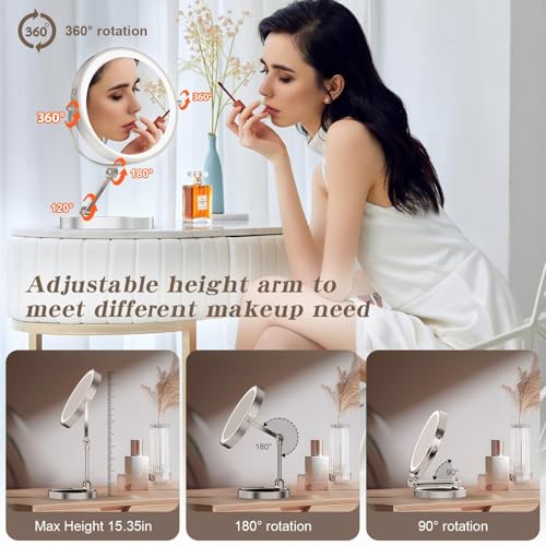 Rocollos Tabletop Makeup Mirror with Built-in Vanity Tray, 9" Rechargeable 4000mAh Lighted Vanity Mirror 1X/10X Magnification, Height-Adjustable Arm, 3 Color Dimmable (9Inch Nickel) - color: 9inch Nickel
