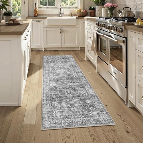 Zeeinx 2x6 Grey Vintage Washable Runner Rugs for Hallway Kitchen - color: Grey, size: 2'*6'(Runner)