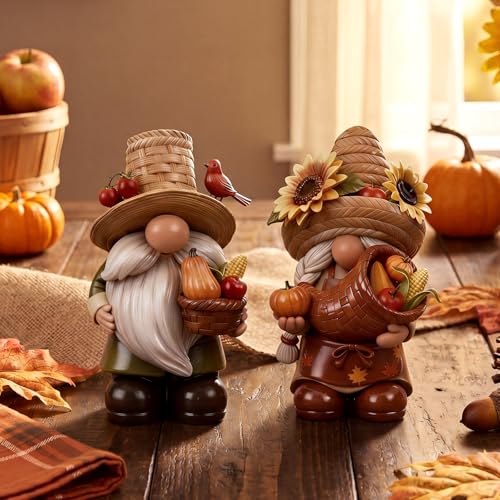 Yuntau 2 Pcs Fall Gnome Decorations for Home Wooden Autumn Thanksgiving Gnome Figurines with Sunflowers Pumpkins Centerpieces for Office Shelf Farmhouse Harvest Decor Indoor Holiday Celebration - style: Fall Gnome