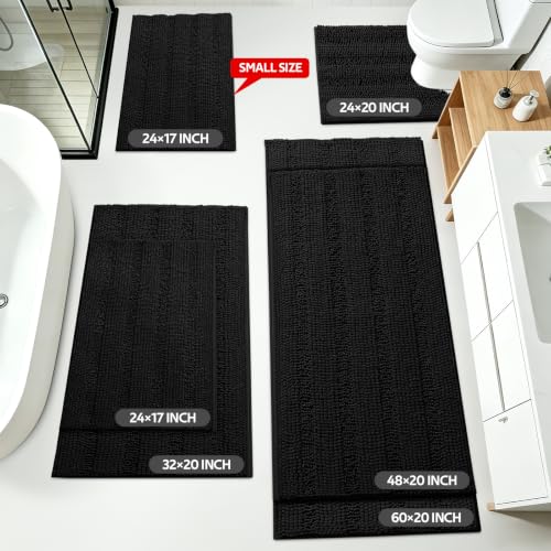 ACCUMTEK Striped Black Bathroom Rug Set 3 Pieces Ultra Soft, Non Slip Chenille Toilet Mat, Absorbent Plush Shaggy Bath Mats for Bathroom, Bedroom, Kitchen - color: Black, size: 2'8"x1'8"+2'×1'5"+U Shape 2'x1'8"