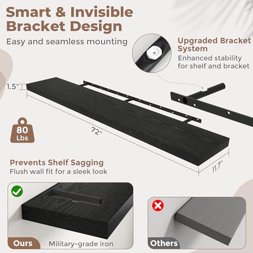 72 Inch Floating Shelves, 12"Deep Wall Shelf, 80 Lbs Capacity, Black, 2pcs - color: Black, size: 72"Wx12"Dx1.5"H
