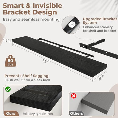 72 Inch Floating Shelves, 12"Deep Wall Shelf, 80 Lbs Capacity, Black, 2pcs - color: Black, size: 72"Wx12"Dx1.5"H
