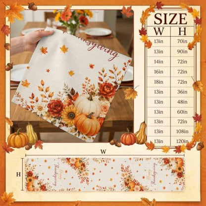 Fall Thanksgiving Table Runner 36 Inches Long,Orange Pumpkins Maple Leaf Flower Cotton Linen Table Runners Dresser Scarves,Farmhouse Fabric Tabletop Scarf Furniture Cover for Home Dinner Party 13"x36" - color: Cream, Terracotta, Dusty Rose, Autumn Orange,