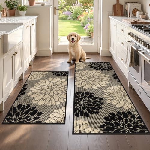 Findosom Kitchen Rugs Sets of 2, Floral Washable Kitchen Runner Rug, Black - color: Black/Beige, size: 24" x 36" + 24" x 60"