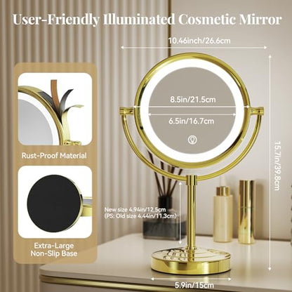 GURUN 8.5 Inch LED Lighted Tabletop Makeup Mirror with 10x Magnification Dimmable 3 Colors Touch Control 4500mAh Double Sided Gold Finish 2208D-T(10x, Gold) - color: Gold-batterie-touch Control