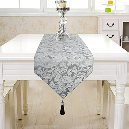 EHouseHome Jacquard Damask Reversible Silver Grey Table Runners with Tassels 13 x 72 inch Wrinkle and Water Resistant Spill-Proof Decorative Dining and Wedding Runners - color: Silver Grey With Tassels