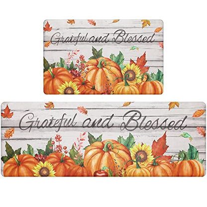 Pauwer Fall Pumpkin Kitchen Rugs Set of 2, Anti Fatigue Kitchen Mats - color: Grateful Blessed