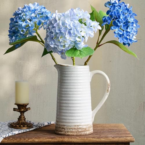 Quoowiit Ceramic Rustic Vase with Handle, White Distressed Decorative Farmhouse Pitcher Vase for Home Decor Living Room Bedroom Kitchen Office Shelf Decor Centerpiece Table Decoration - color: 8.8 Inch White Pitcher
