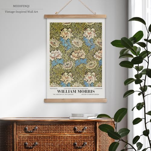 MIDEFINCH William Morris Blue and Cream Floral Linen Canvas Scroll Poster - color: WILLIAM MORRIS A
