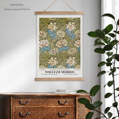 MIDEFINCH William Morris Blue and Cream Floral Linen Canvas Scroll Poster - color: WILLIAM MORRIS A