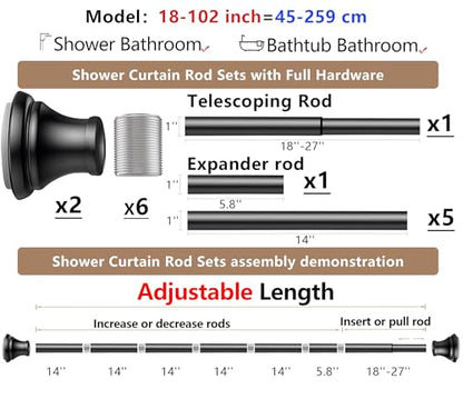 Black Tension Shower Curtain Rod – Adjustable 18-102 Inches, Fits 20-101 Inch Spaces, No Drill Rust Resistant Spring Rod for Bathroom, Kitchen, Bedroom, Balcony - color: Black, size: 18-102 inch