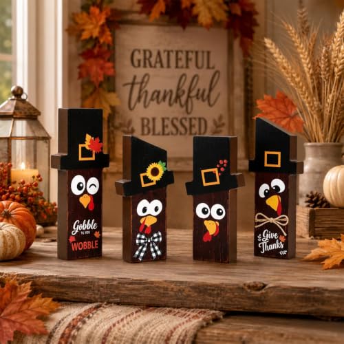 4Pcs Thanksgiving Wooden Turkey Table Centerpieces Fall Harvest Decorations