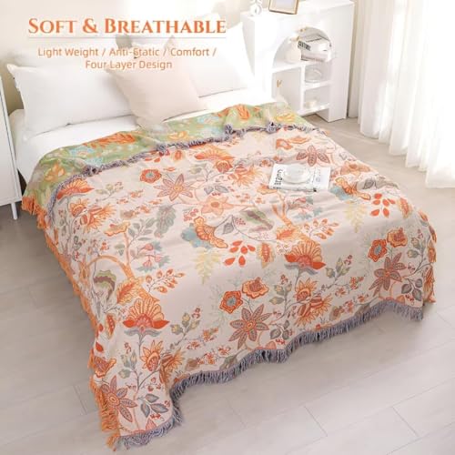 Boho Throw Blanket for Bed 100% Cotton Bohemian Blankets Ultra Soft Woven Muslin Decorative Blankets All Seasons Vintage Quilt Knitted Blanket for Sofa Chair(Orange, 50"x60") - color: D-orange, size: 50"x60"