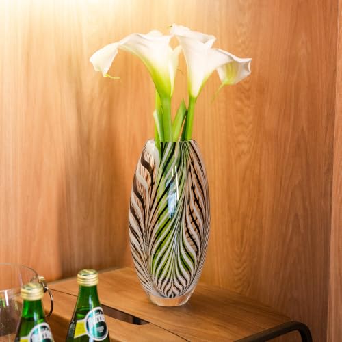 Murano Style Glass Vase Hand Blown Black and White Feather Pattern Effect - color: Black and White