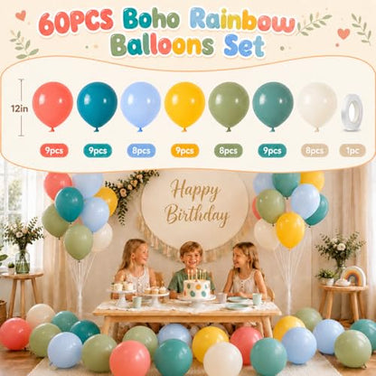 Boho Rainbow Balloons 60 Pcs 12 Inch Retro Blue Orange Yellow Green Balloon - color: Retro Blue Orange Yellow Green