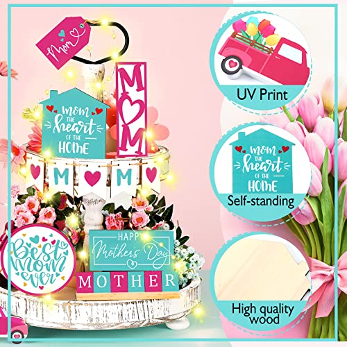 12 Pcs Mother's Day Tiered Tray Decor Happy Mother's Day Sweet Decorations Wooden Table Truck Flower Signs Gift for Mom - style: Best Mom
