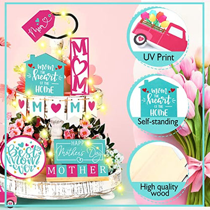 12 Pcs Mother's Day Tiered Tray Decor Happy Mother's Day Sweet Decorations Wooden Table Truck Flower Signs Gift for Mom - style: Best Mom