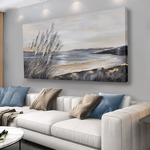 Yuaxker Ocean Wall Art Grey and Gold Ocean Art Wall Decor Canvas Painting Modern Minimalist Canvas Painting for Living Room, Bedroom, Dining Room Office Home Decor Artwork 24x48 inch - color: grey and gold, size: 24"x48"