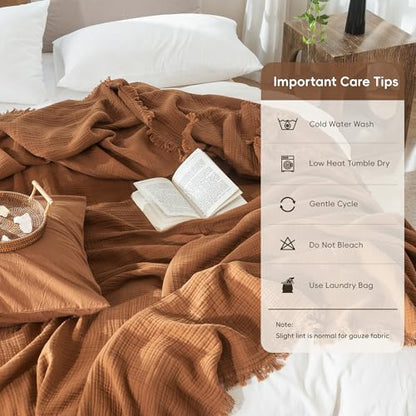 MooMee 100% Cotton Muslin Blanket, Fringed 4-Layer Gauze Bed Couch Throw - color: Drak Orange, size: Throw