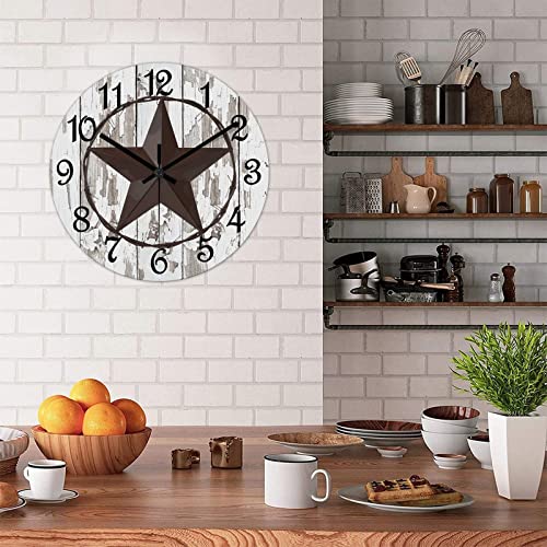 Round Farmhouse Wall Clock Western Texas Star Classic Style Wood Clock Quiet Non-Ticking Battery Operated with Large Numbers Rustic Wall Art Time Clock for Living Room Patio School 15 Inch - color: Style-1, size: 15in