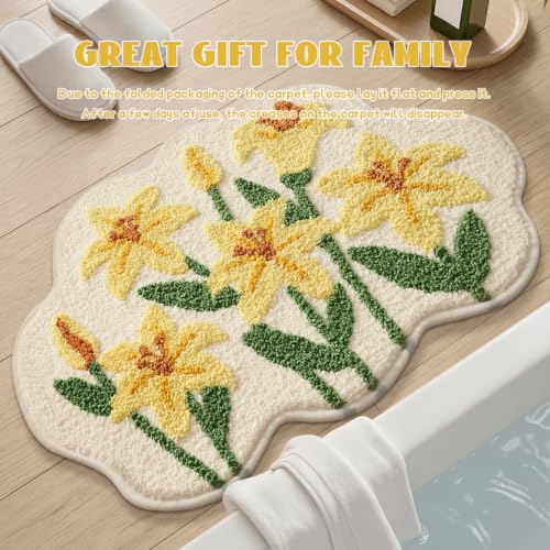 Cloud-Shaped Lily Bath Mat, Soft Non-Slip Fluffy Fresh Flowers Bathroom Rug, Ultra Absorbent Microfiber Shaggy Door Mat, Machine Washable Bath Rug Carpet for Bathtub Bedroom 20x31 Inch (Yellow Lily) - color: Yellow Lily