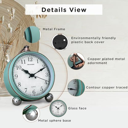 Peakeep 4" Small Battery Operated Analog Alarm Clock, Antique Retro Style - color: Aqua