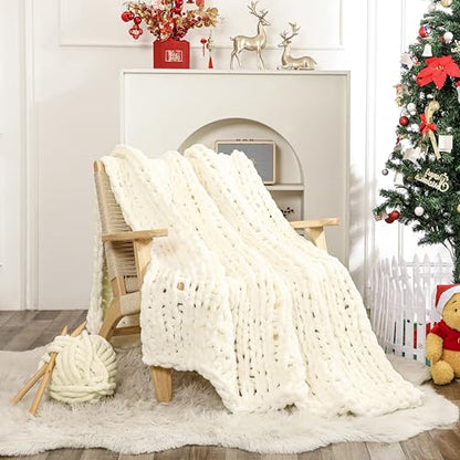 WESHIONGOO Chunky Knit Throw Blanket 51"×63" Cream White - color: Cream White, size: 51"x63"(Large Size Throw)