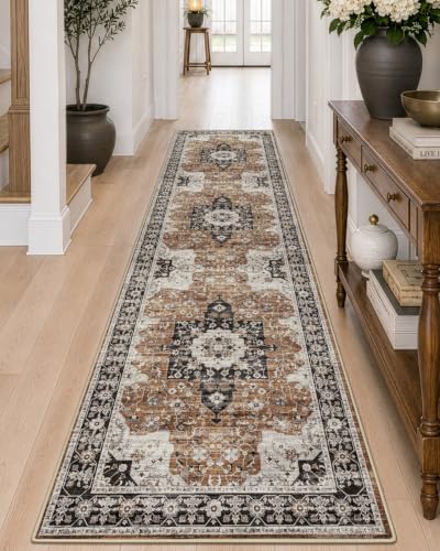 DEXI 3x12 Runner Rug for Hallway Non Slip Washable, Vintage Floral, Brown - color: Brown, size: 3' x 12' (Runner)
