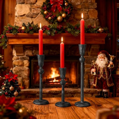 Set of 3 Antique Black Taper Candle Holders Cast Iron Candlestick Holder - color: Bkzt05-3a