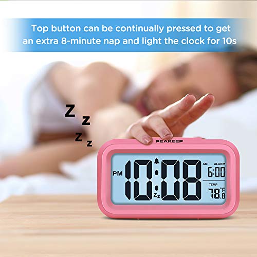 Peakeep Night Light Digital Alarm Clock Battery Operated Indoor Temperature - color: Pink