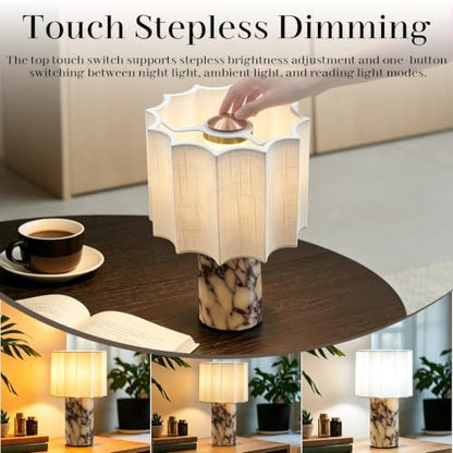 Marble Touch Table Lamp USB Rechargeable Cordless Bedroom Bedside Small Glow Night Light Stone Base and Linen Fabric Shades - color: Rice White