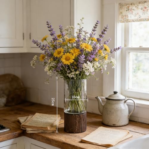 Artistic Wood Glass Vase,Wooden Base,Tall Vases Bottles for Flowers, Cylinder Vases for Wedding Centerpieces Table Shelf Decor(English) - style: English