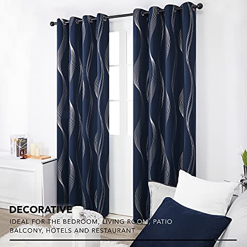Deconovo Curtains for Living Room, Pattern Blackout Curtains 72 Inches Long - color: Silver Wave-navy Blue, size: 66"W x 72"L (Pack of 2)