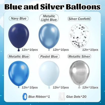 60pcs Blue and Silver Balloons 12inch with Navy Blue Confetti Balloons - color: Metallic Blue Silver