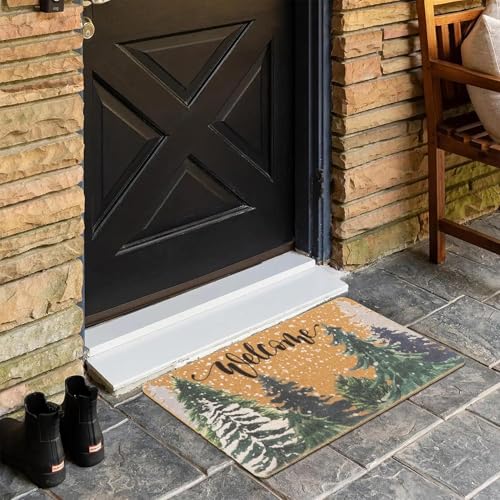 IZUS Winter Welcome-Doormat Snowflake-Pine Outdoor-Entrance-Mats Green-Trees Non-Slip PVC-Back-Mats for Farm-Porch-Office-Floor-Entry Decoration 17x29inch - color: Khaki-winter Welcome 6pine