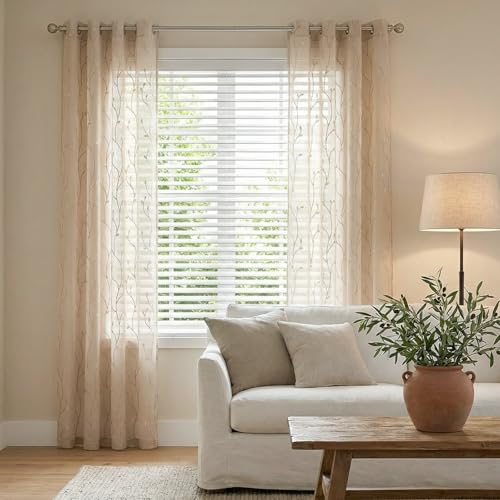jinchan Beige Leaf Voile Embroidered Curtains 96 Inch Grommet Top 2 Panels - color: Vine Grommet Beige, size: 55"W x 96"L (Pack of 2)
