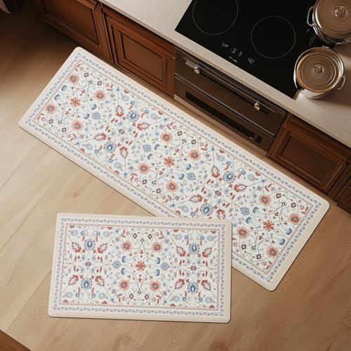 FRESHMINT Vintage Floral Kitchen Mats 2 Piece, 17x30''+17x47'', Beige - color: Floral - Beige
