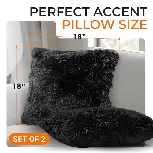 Cheer Collection Throw Pillows for Couch and Bed, Soft Shaggy Throw Pillows with Inserts Included, Cozy Long Hair Faux Fur Pillows - Set of 2-18" x 18" - Black - color: Black, size: 18 x 18-Inch