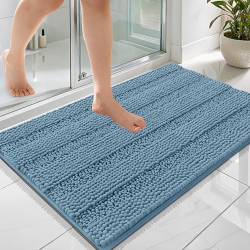 OLANLY Thick Bathroom Rugs 36x24, Chenille Striped Bath Rugs, Airy Blue - color: Airy Blue, size: 36" X 24"