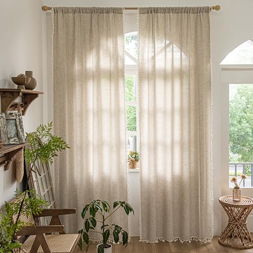 Sutuo Home Boho Curtains 63 Inches Long, Bohemian Linen Style Textured Curtains with Tassels for Living Room, Semi Blackout Farmhouse Drapes, Rod Pocket Window Treatments 2 Panels, 52" x 63", Natural - color: Natural Linen, size: 52"W x 63"L (Pack of 2)