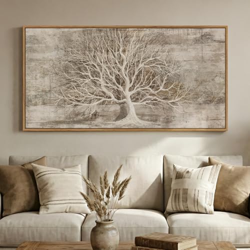Large Framed Neutral Tree of Life Wall Art for Living Room, 60x30 In - color: Neutral White, size: 60"L x 30"W