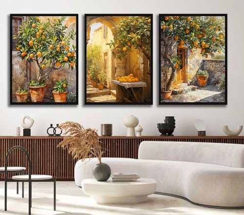 Orange Tree Framed Wall Art, 3 Piece Mediterranean Set, 12x16 Inch - color: Kumquat, size: 12x16 inch