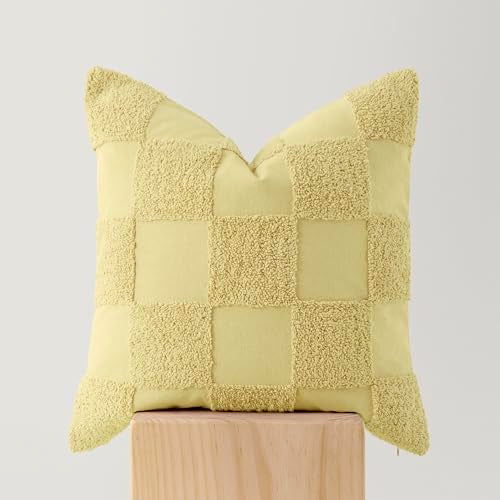 Double Stitch 100% Cotton Boho Checkered Throw Pillow Covers, Lemon Yellow - color: Lemon Yellow, size: 20" x 20" (Pack of 1)