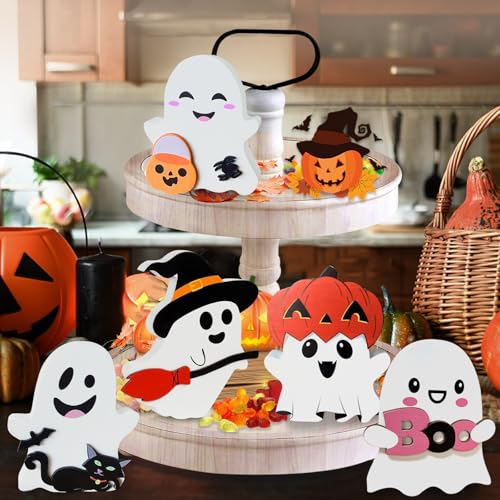 Cute Ghost Halloween Decorations Indoor: Wooden Ghost Decor Table Signs Set of 5 for Home Tiered Tray Mantel Display - style: Cute Ghost